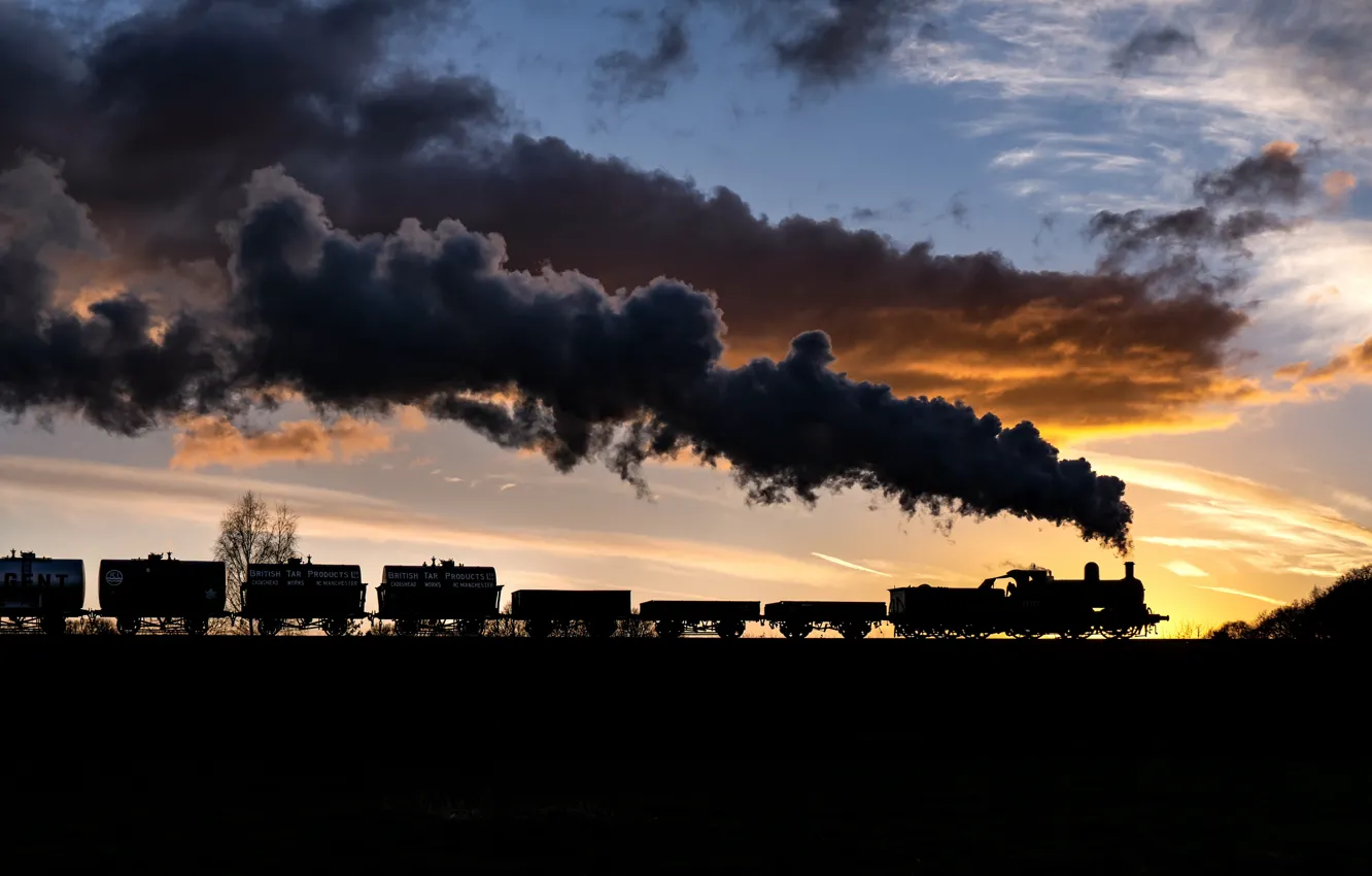 Photo wallpaper sunset, the engine, railroad