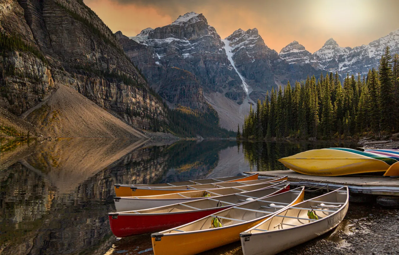 Photo wallpaper forest, landscape, mountains, nature, lake, boats, Canada, Albert