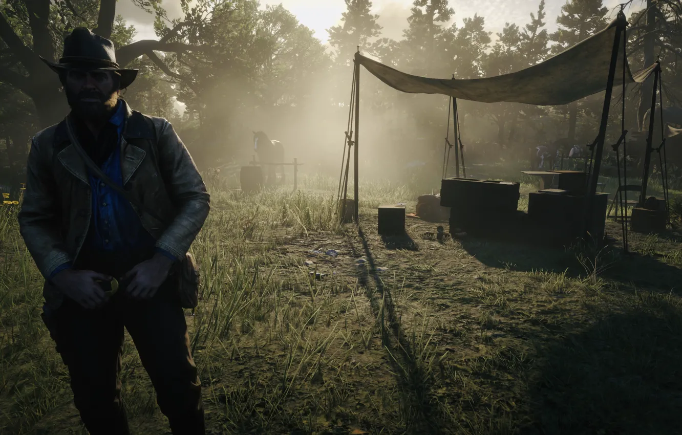 Photo wallpaper HDR, Game, Camp, Morning, Portrait, UHD, Red Dead Redemption 2, Xbox One X