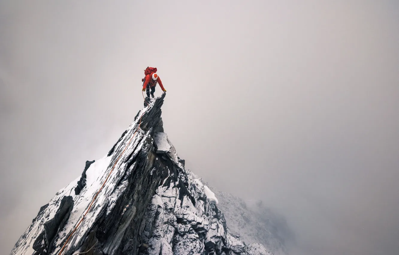 Photo wallpaper rock, rocks, people, top, climber, peak