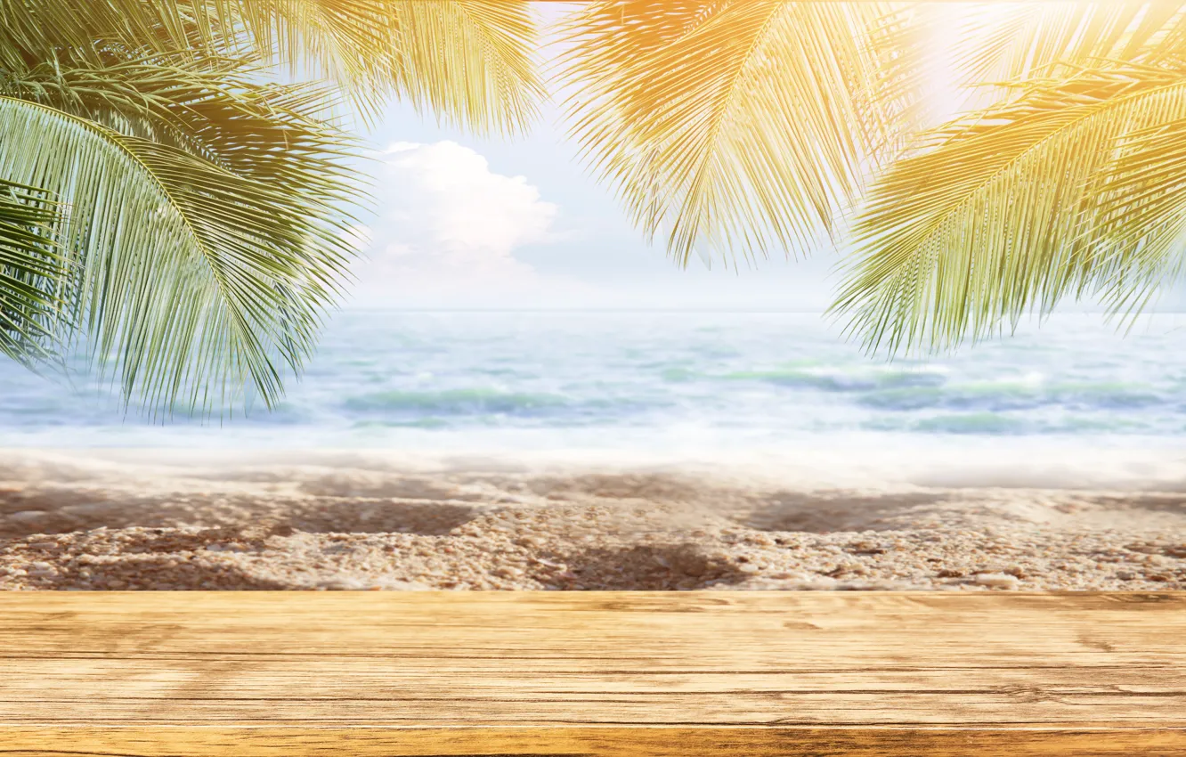 Photo wallpaper sand, sea, wave, beach, summer, the sun, palm trees, summer
