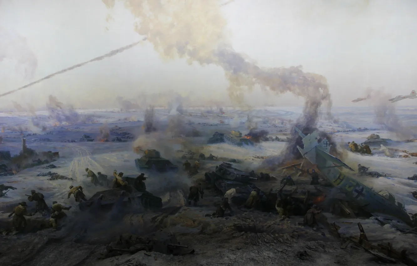 Photo wallpaper Winter, Snow, Aircraft, War, Panorama, Picture, Soldiers, Fragment