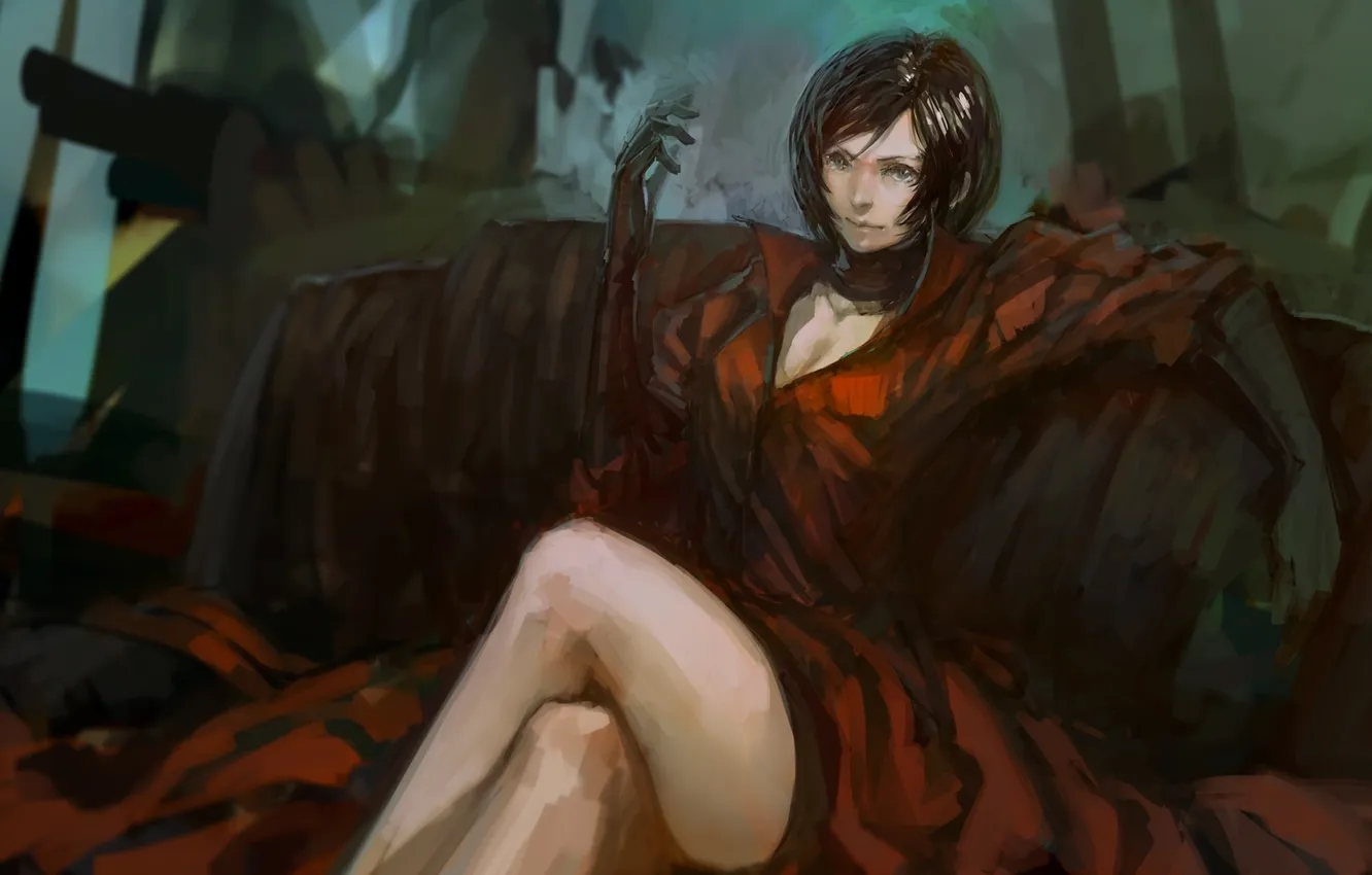 Photo wallpaper girl, sofa, art, gloves, looking at the viewer