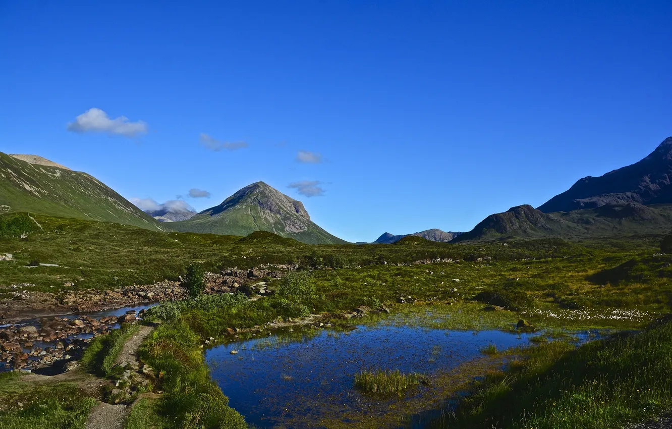 Photo wallpaper the sky, grass, water, mountains, stones