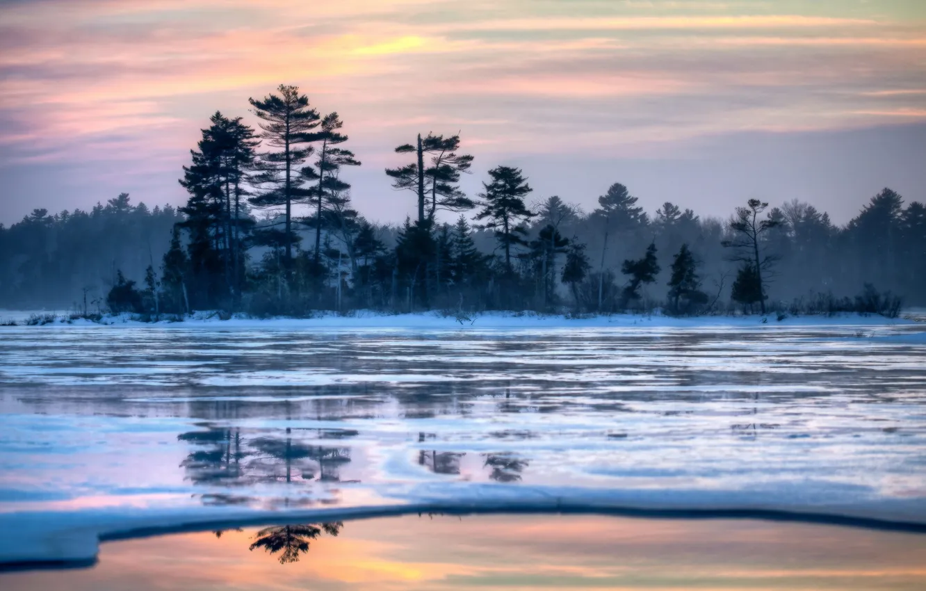 Photo wallpaper winter, landscape, sunset, lake