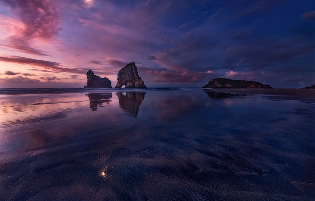 Photo wallpaper the sky, reflection, rocks, shore