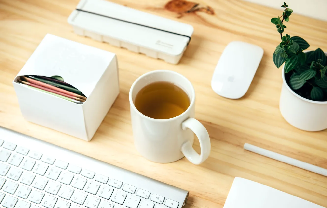 Photo wallpaper tea, Cup, keyboard