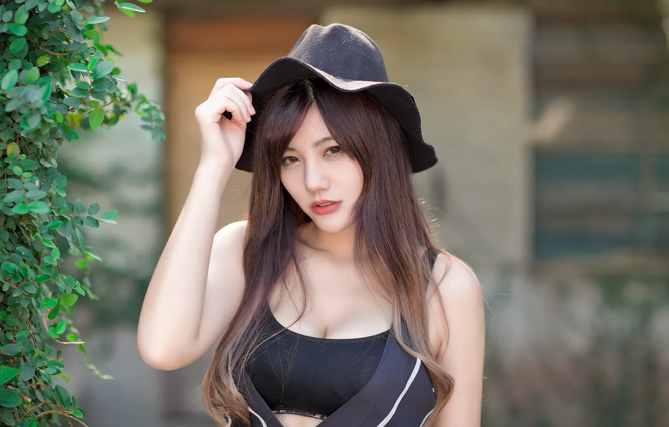 Photo wallpaper look, girl, sexy, hair, hat, Asian