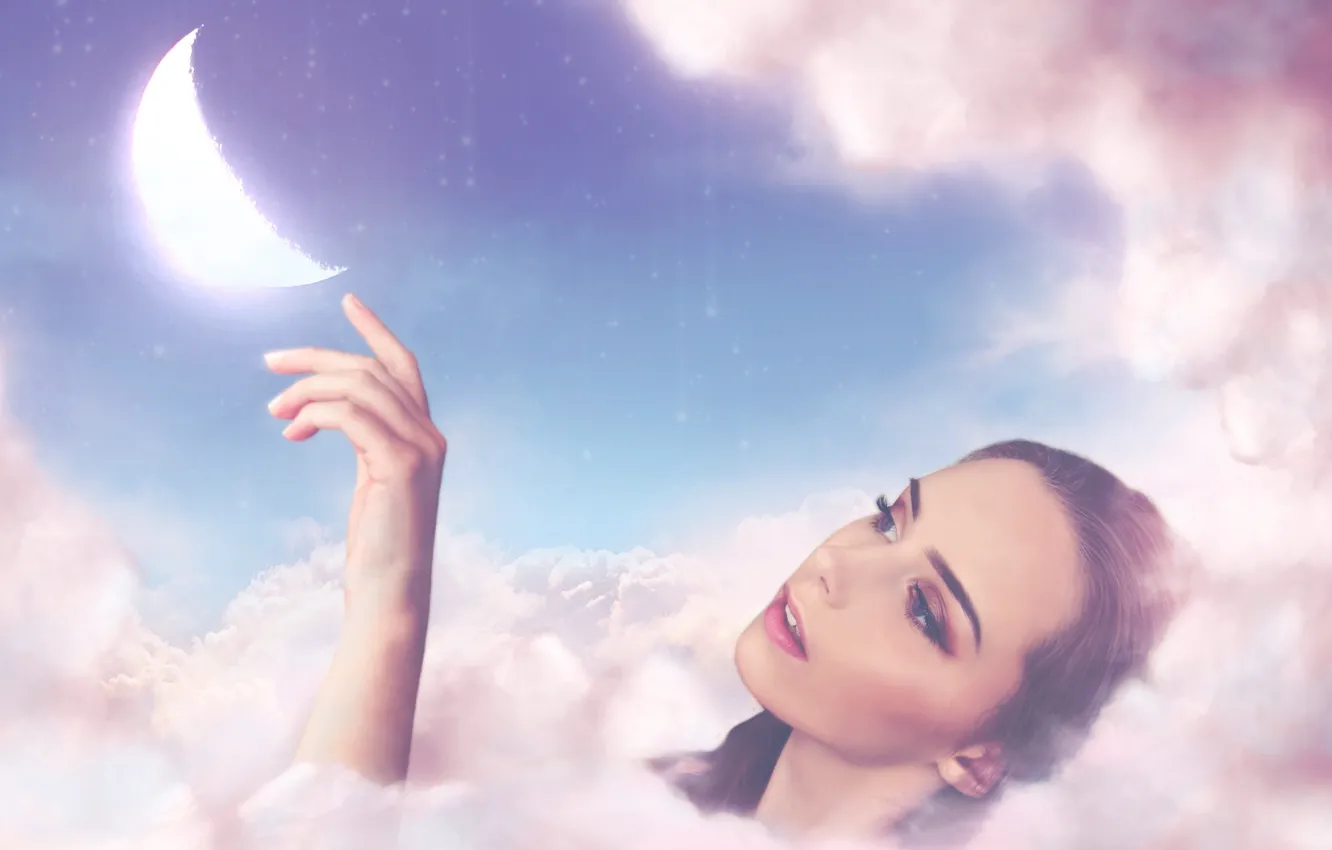 Photo wallpaper girl, clouds, face, mood, the moon, hand, a month, touch
