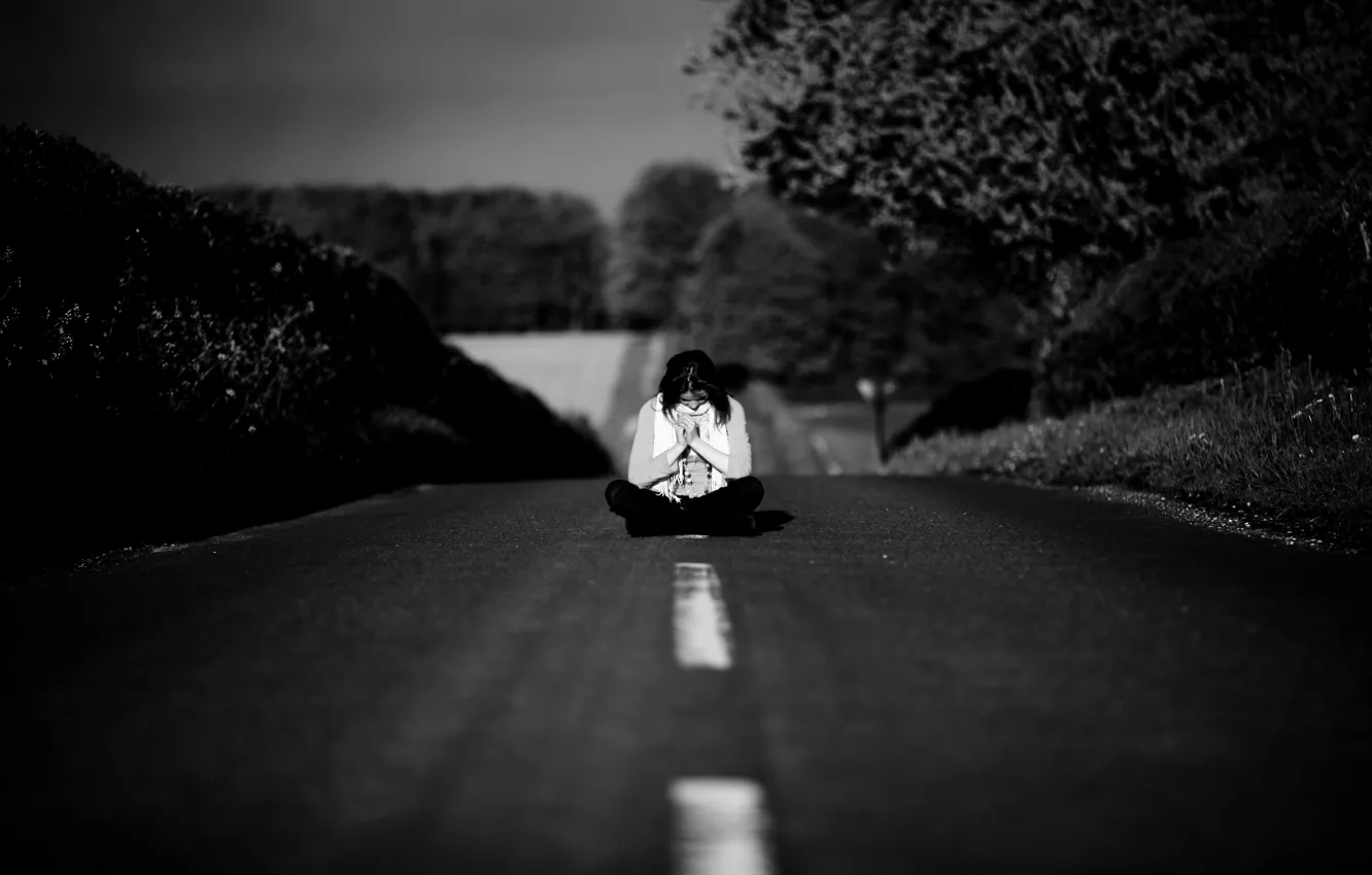 Photo wallpaper road, sadness, girl, trees, the way, loneliness, mood, meditation