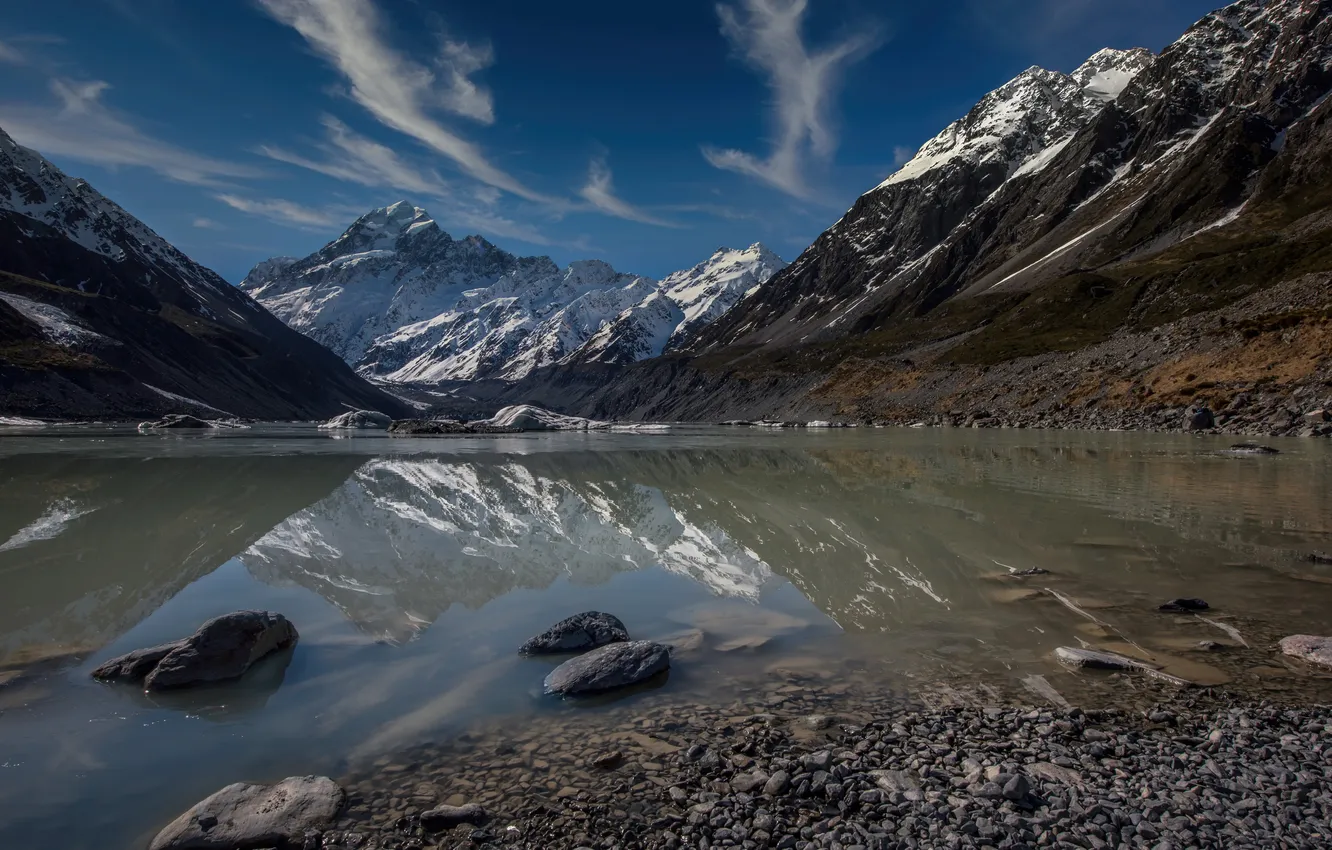 Photo wallpaper snow, mountains, lake, reflection, blue, stones, shore, tops