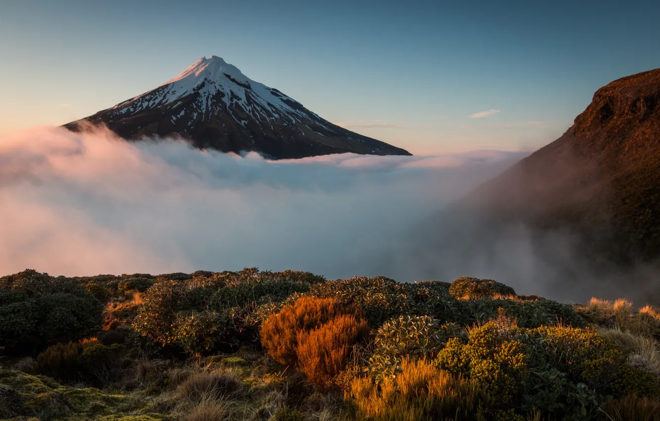 Photo wallpaper mountains, autumn morning, fog in the mountains