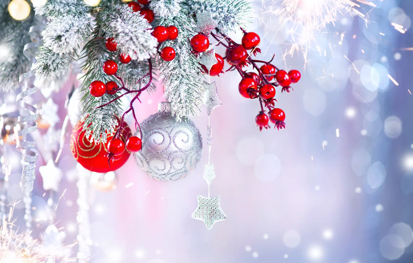Photo wallpaper decoration, berries, holiday, balls, toy, new year, spruce, stars