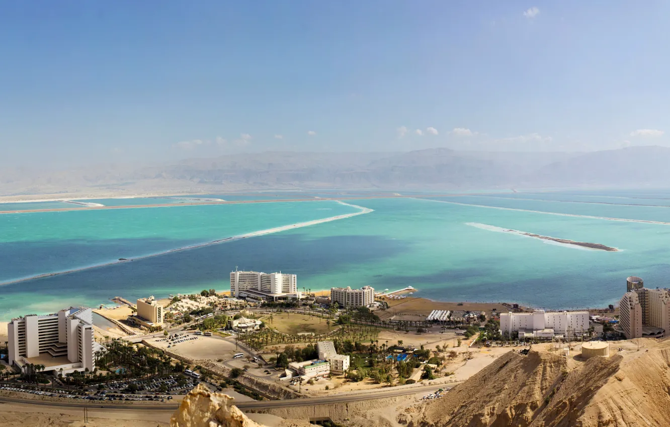 Photo wallpaper sea, mountains, coast, home, panorama, the view from the top, Israel