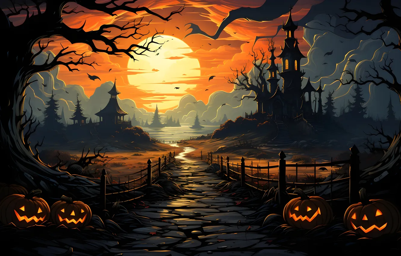 Photo wallpaper road, trees, night, clouds, lights, the moon, home, Halloween