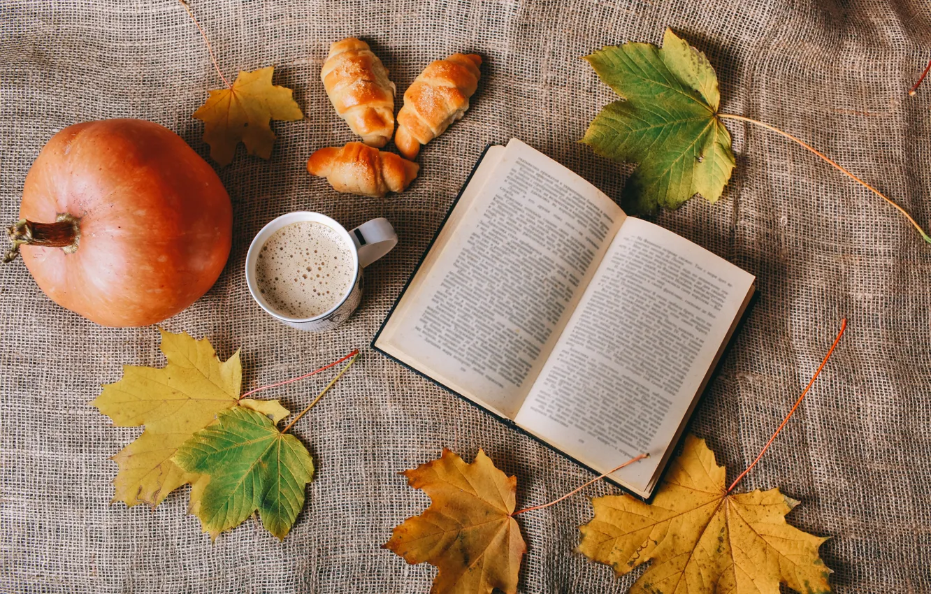 Photo wallpaper leaves, Coffee, pumpkin, book