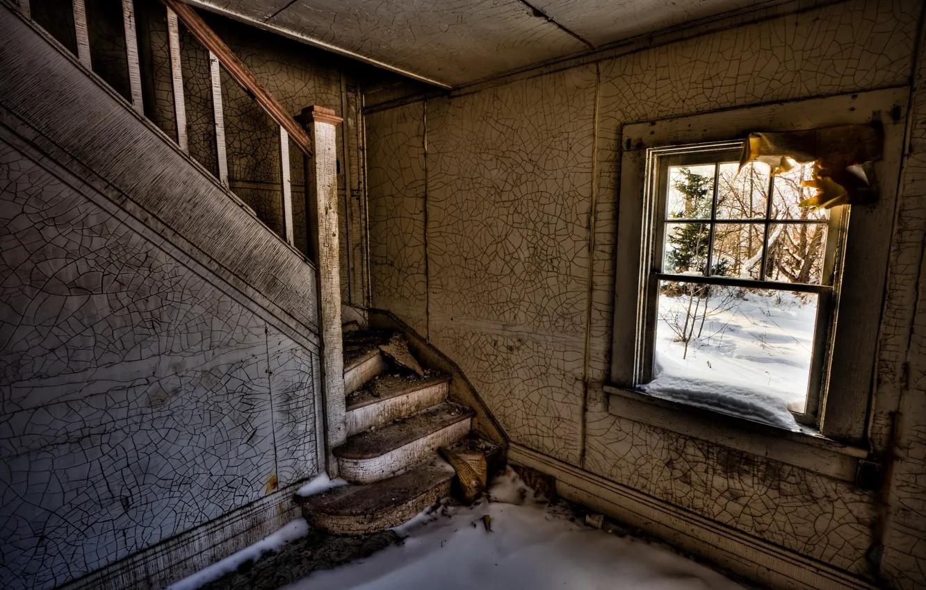 Photo wallpaper snow, room, window, ladder, the ruins