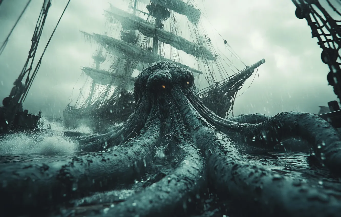 Photo wallpaper ship, sailboat, Kraken, digital art, sea monster, AI art, The Art of Artificial Intelligence, Giant …