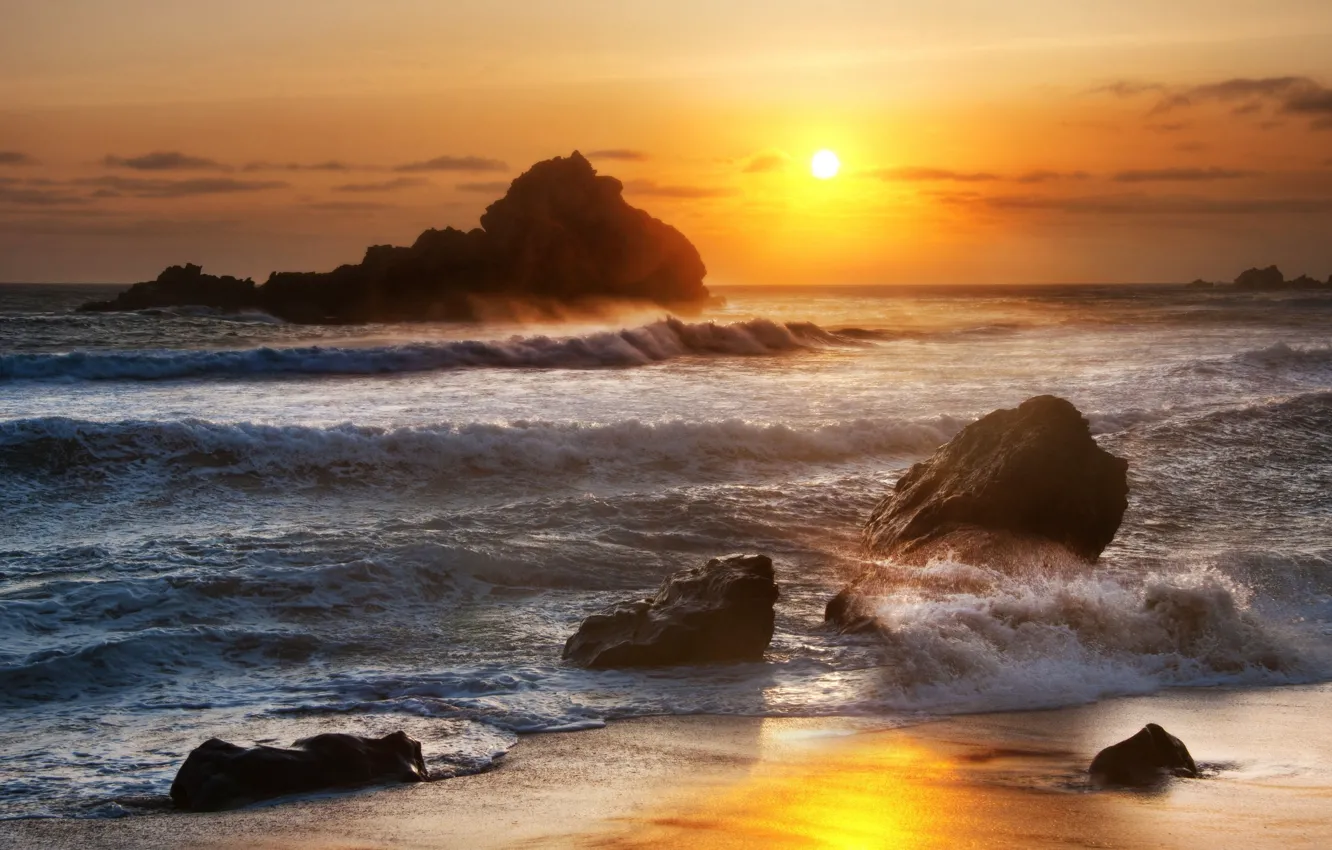 Photo wallpaper sea, the sun, rock, stones, dawn