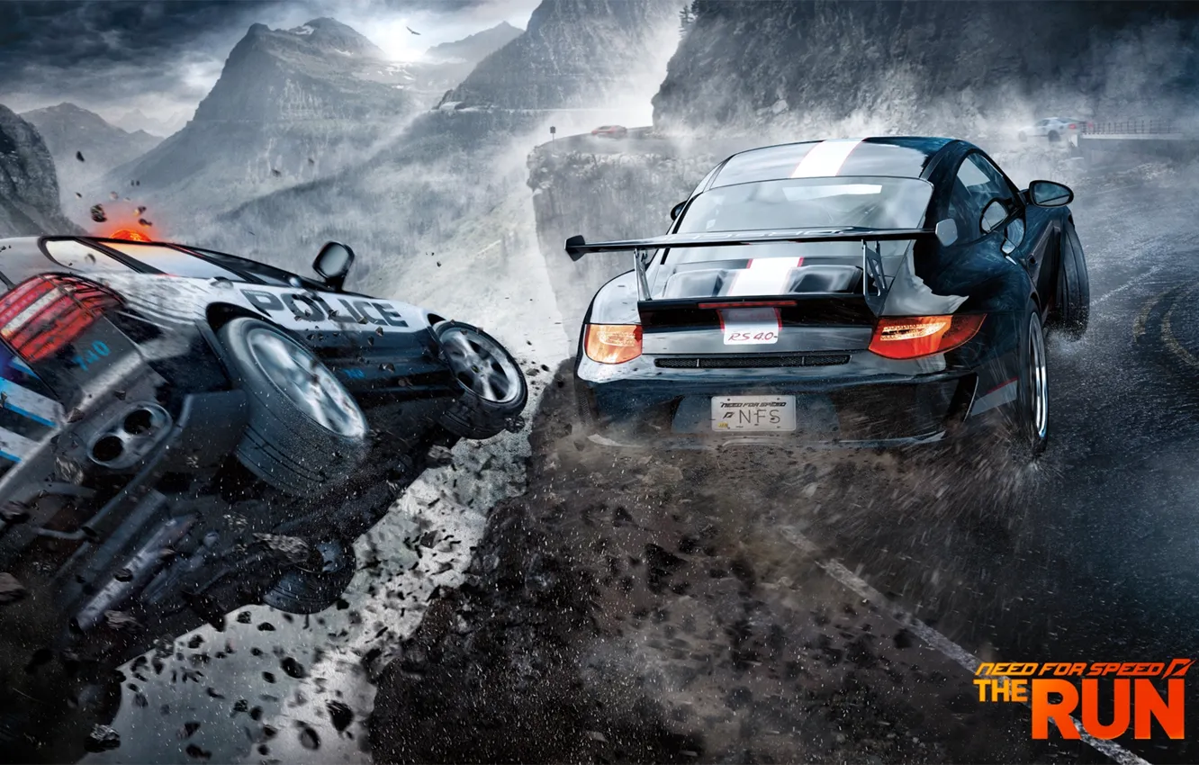 Photo wallpaper road, mountains, fog, police, Porsche, racer, canyon, Need For Speed: The Run