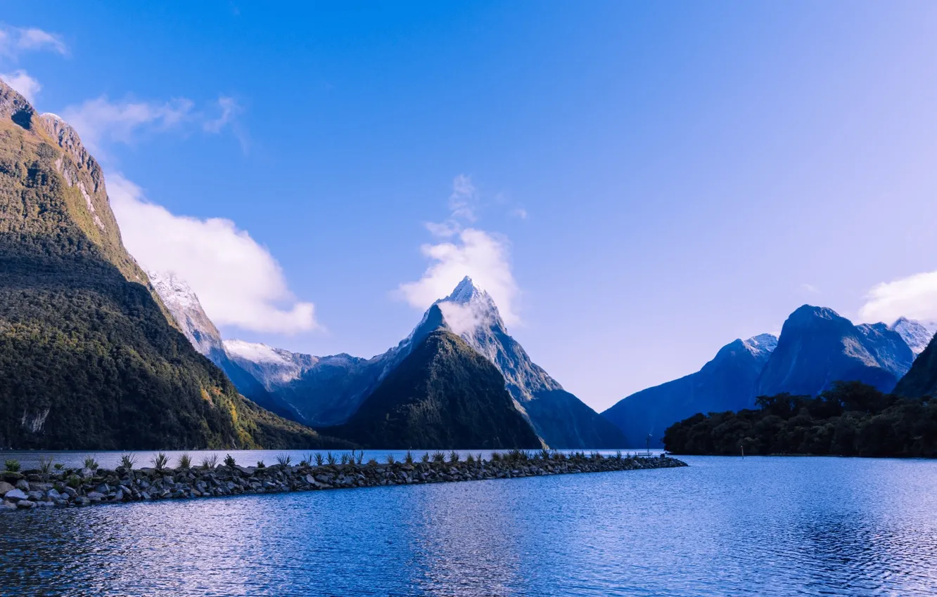 Photo wallpaper sky, trees, landscape, New Zealand, nature, mountains, clouds, lake