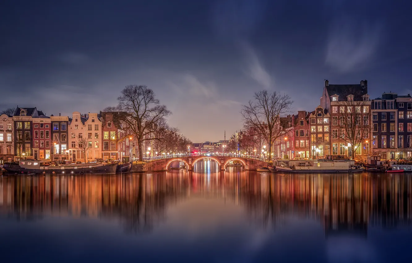Photo wallpaper lights, home, the evening, Amsterdam, channel, Netherlands