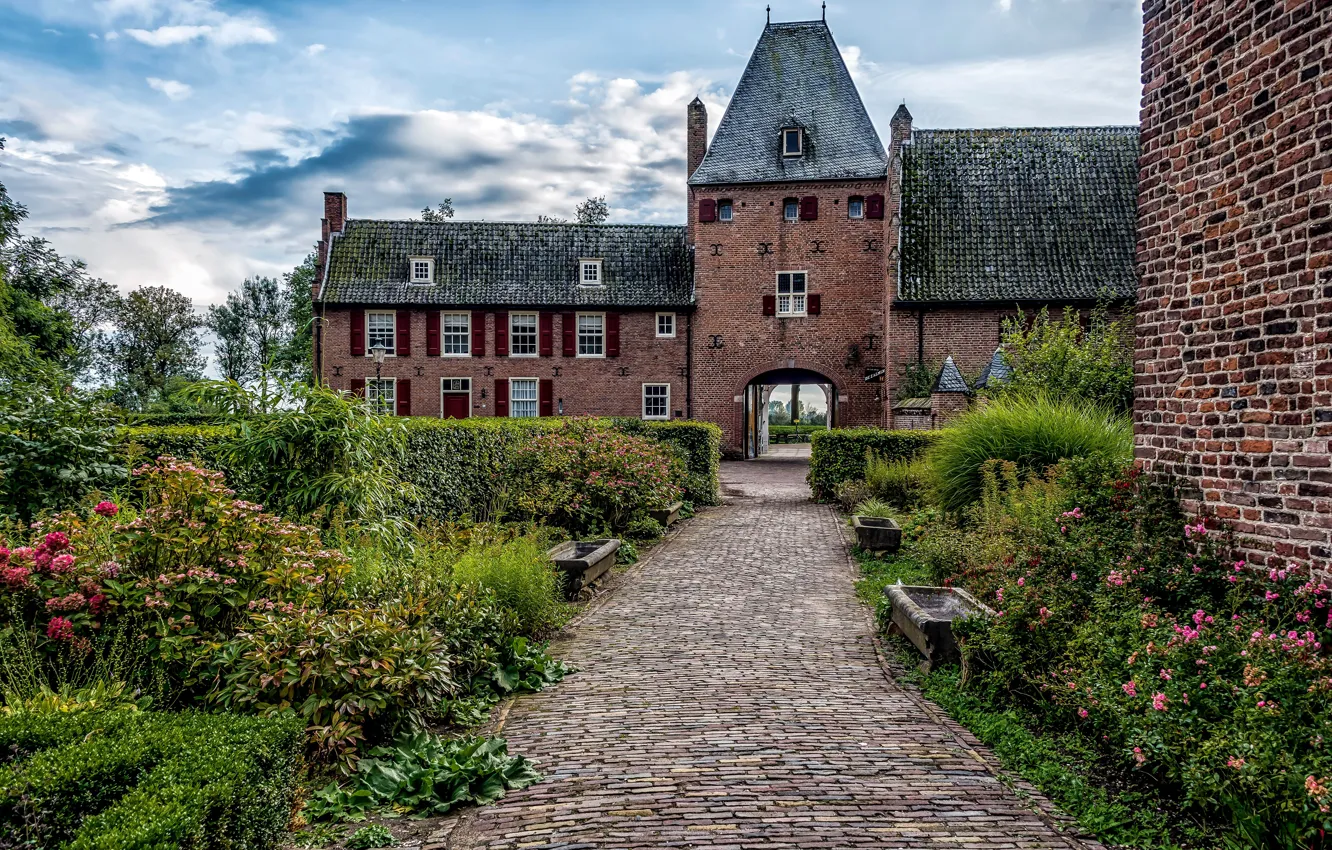 Photo wallpaper the sky, clouds, trees, flowers, castle, garden, Netherlands, the bushes