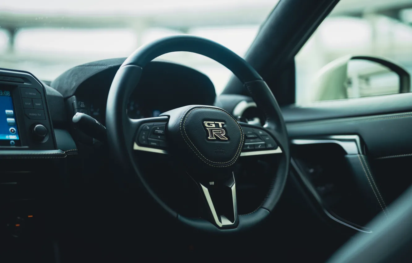Photo wallpaper logo, Nissan, GT-R, close-up, R35, steering wheel, 2022, Nissan GT-R Premium Edition T-spec