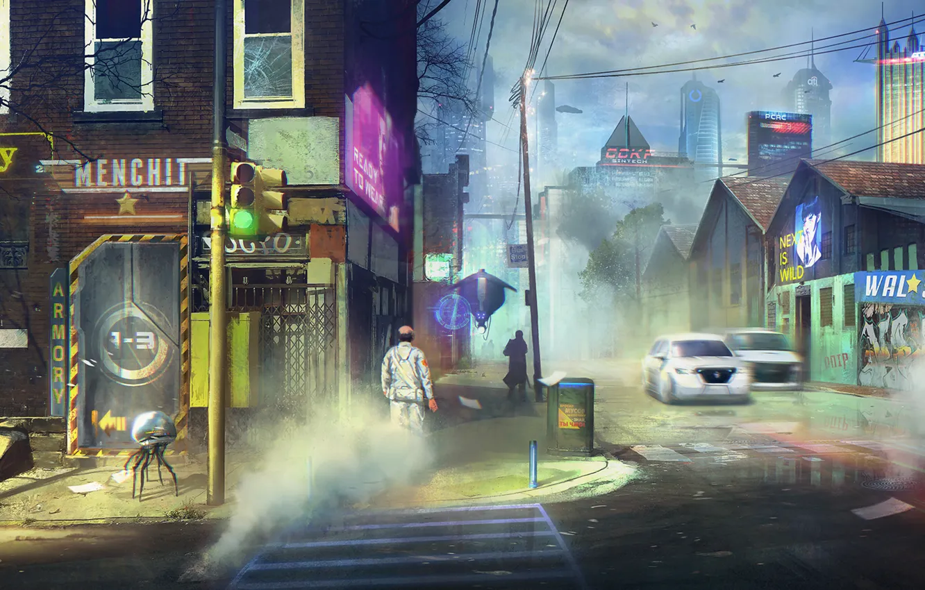 Photo wallpaper the city, future, fiction, street, home, traffic light, crossroads, Pittsburgh