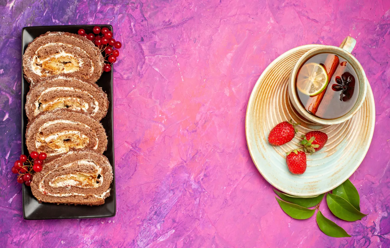 Photo wallpaper leaves, berries, lemon, tea, strawberry, plate, the tea party, Cup