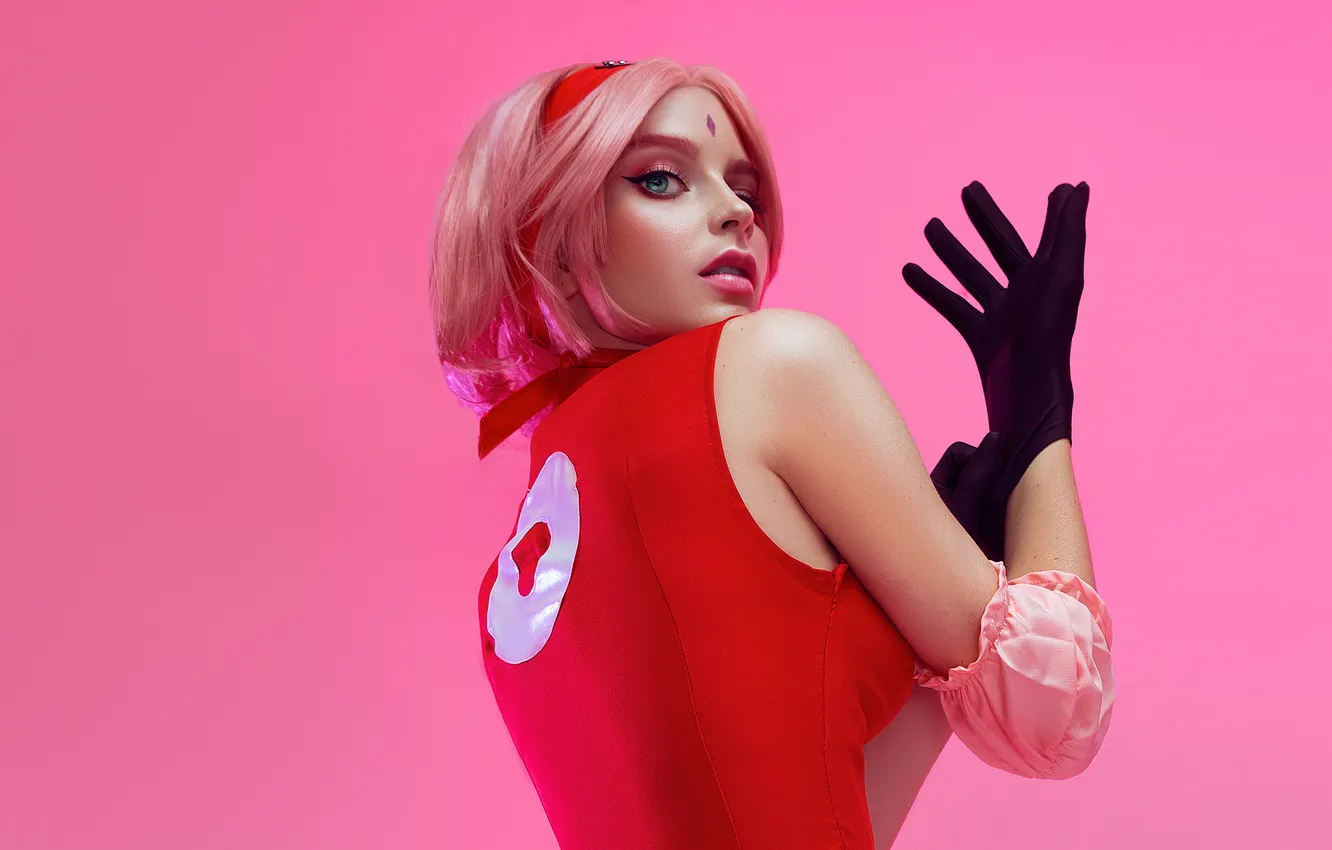 Photo wallpaper girl, pink background, cosplay, Sakura Haruno, from the back, puts on a glove
