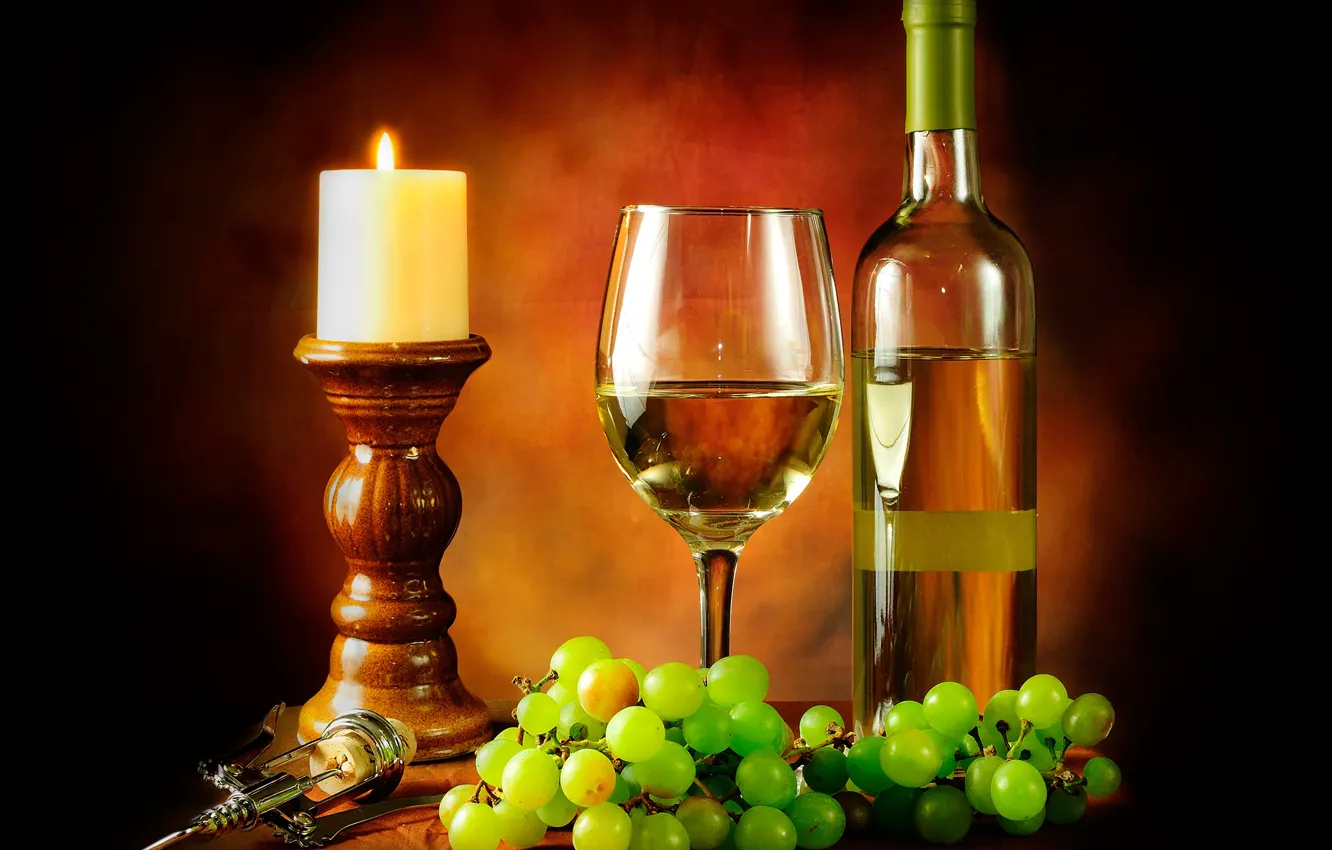 Photo wallpaper light, lights, table, background, wine, glass, bottle, candles