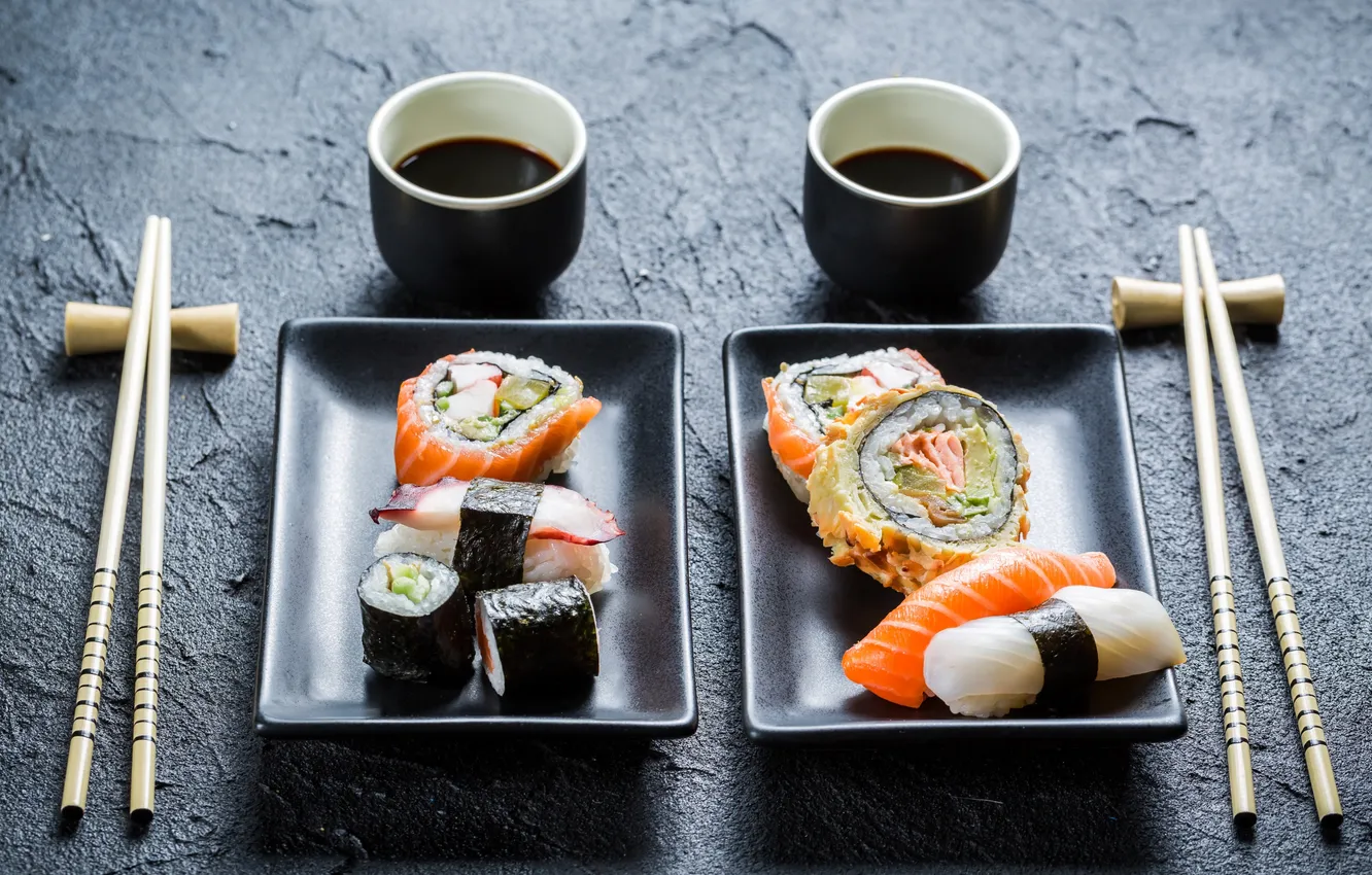 Photo wallpaper wallpaper, food, rolls, sushi, chopsticks, Japanese cuisine