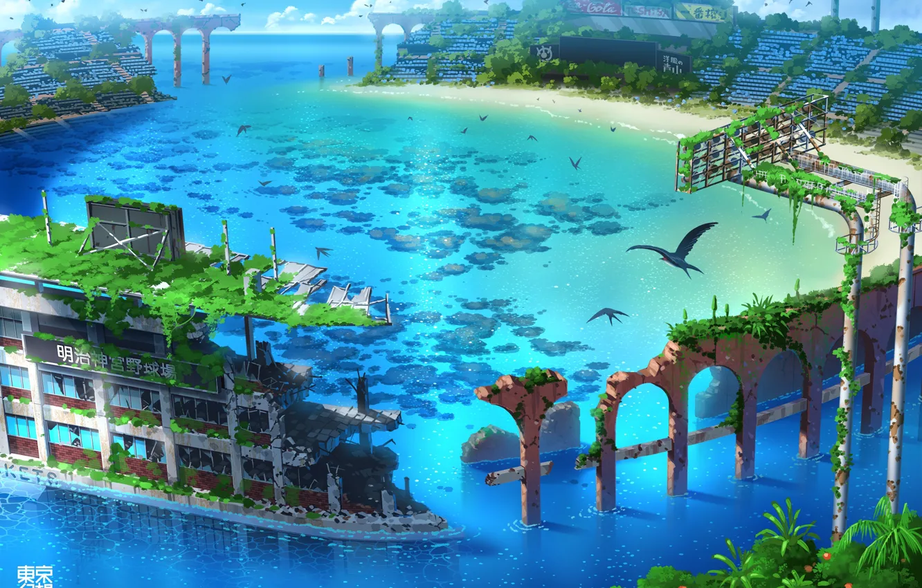 Photo wallpaper fiction, bird, Tokyo, ruins, flooded