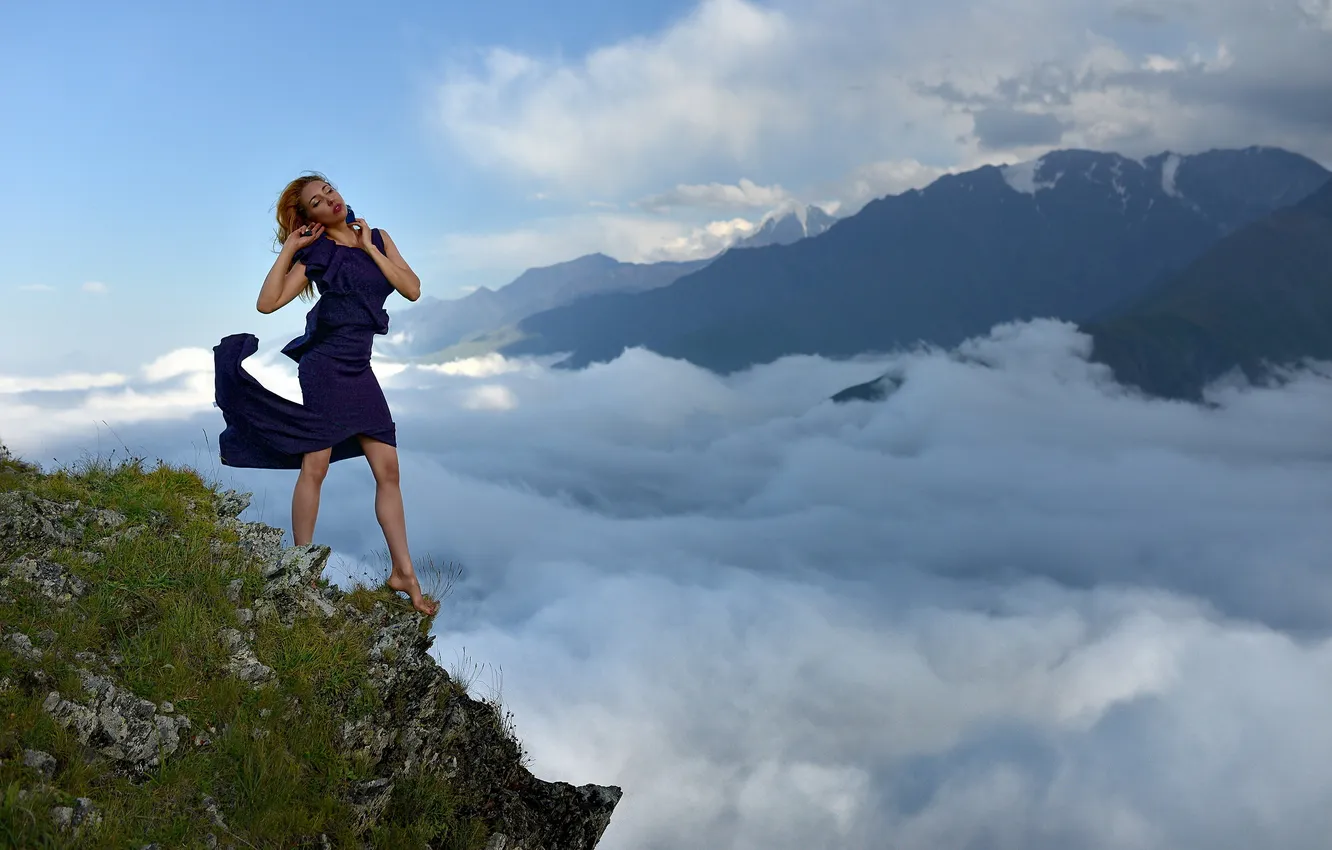 Photo wallpaper clouds, mountains, the wind, barefoot, closed eyes, girl in a dress, Vladimir Kulakov