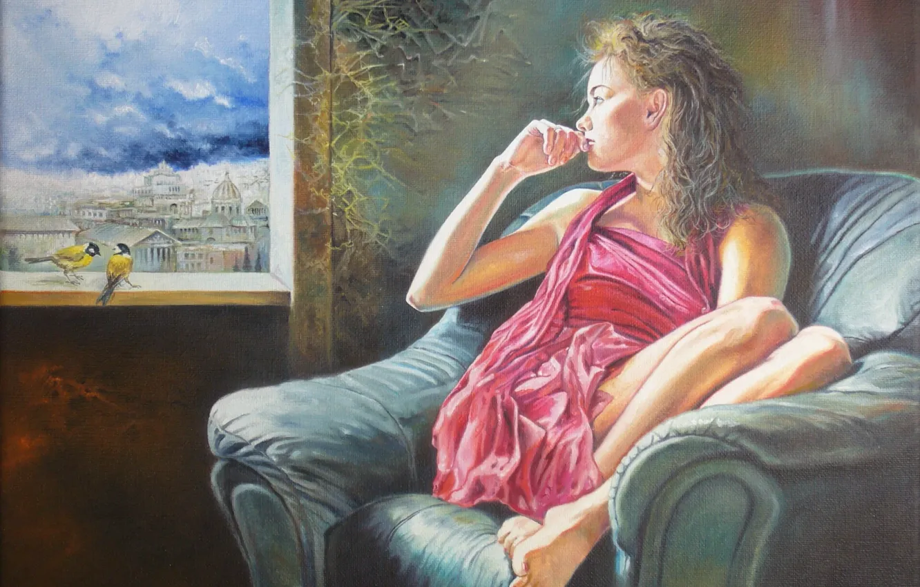 Photo wallpaper girl, birds, the city, mood, chair, window, Tits, Vladimir Kuklinski