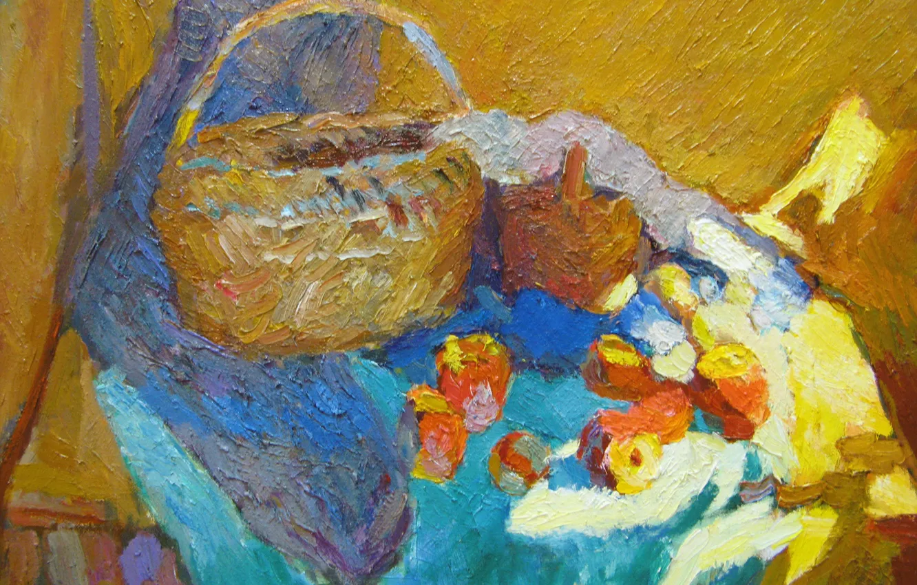 Photo wallpaper table, basket, apples, still life, 2005, The petyaev, blue fabric