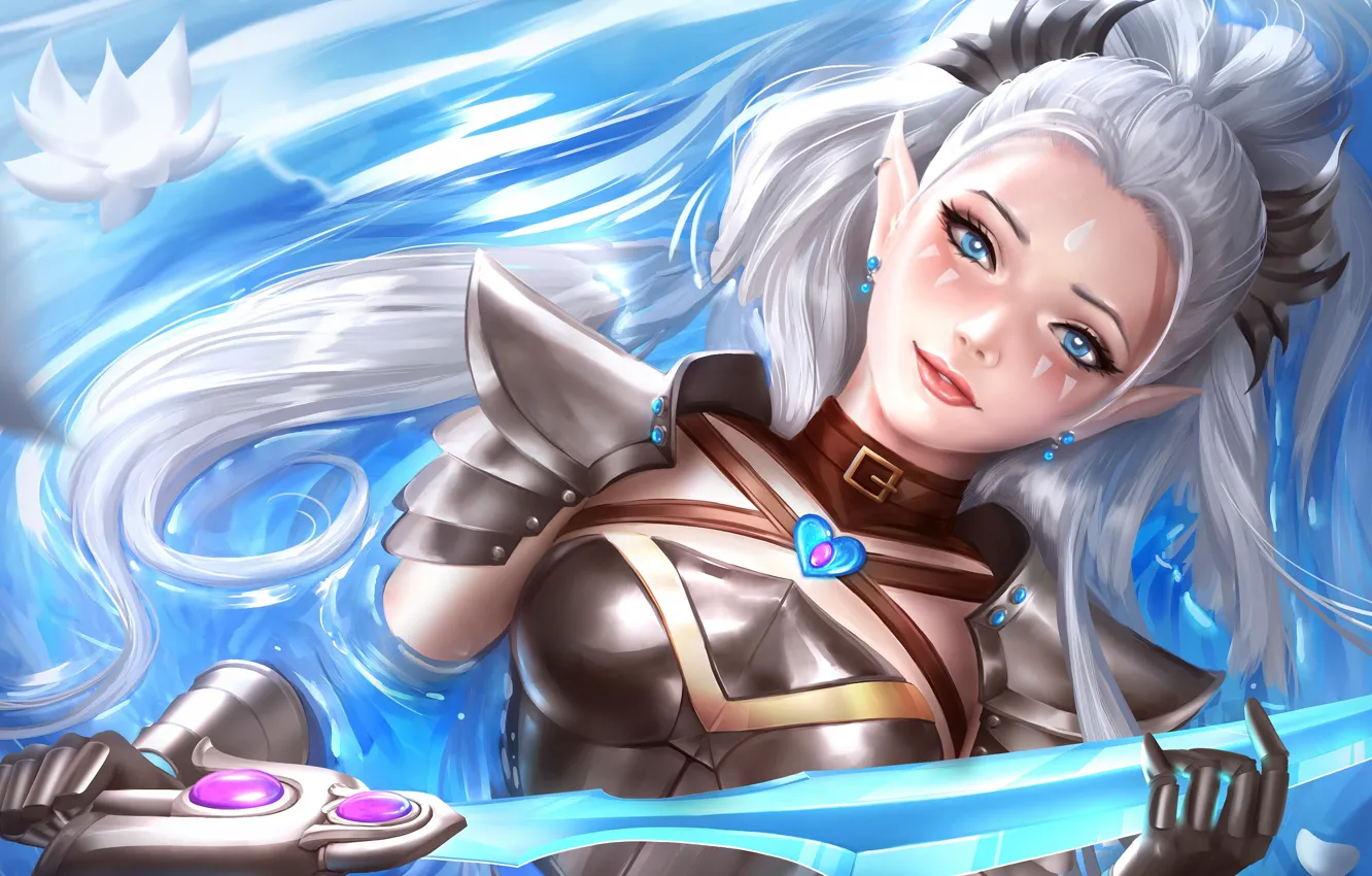 Photo wallpaper water, girl, hair, elf, sword, anime, art, Antalya
