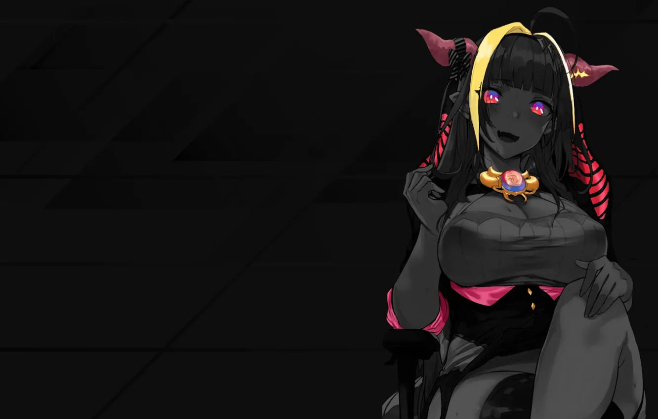 Photo wallpaper girl, smile, the dark background, anime, horn, gesture, demoness, anime