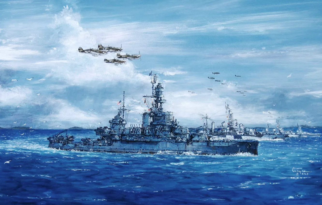Photo wallpaper sea, wave, the sky, figure, ships, art, aircraft, WW2