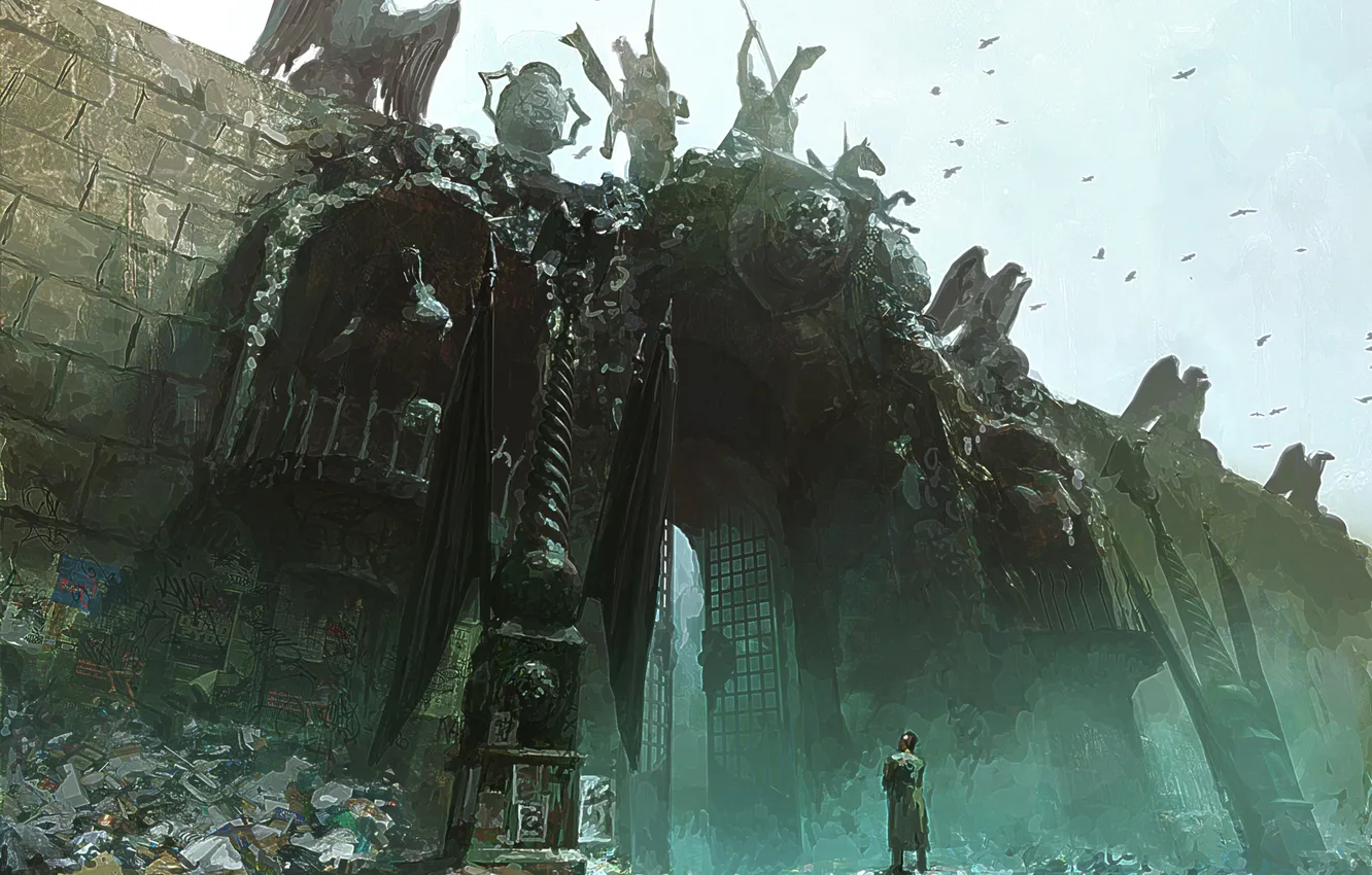 Photo wallpaper castle, people, gate, art, statue, fortress, entrance