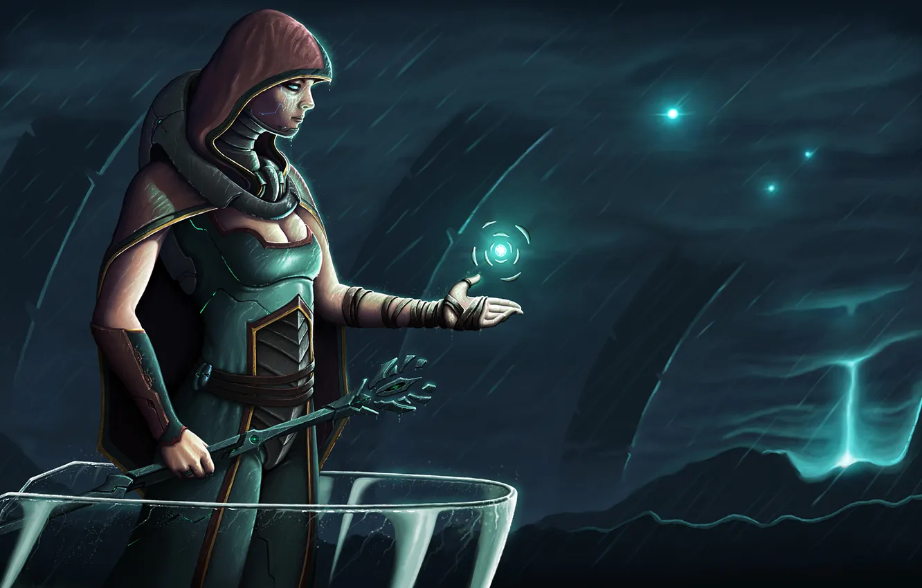 Photo wallpaper girl, rain, dark, art, hood, arch, staff