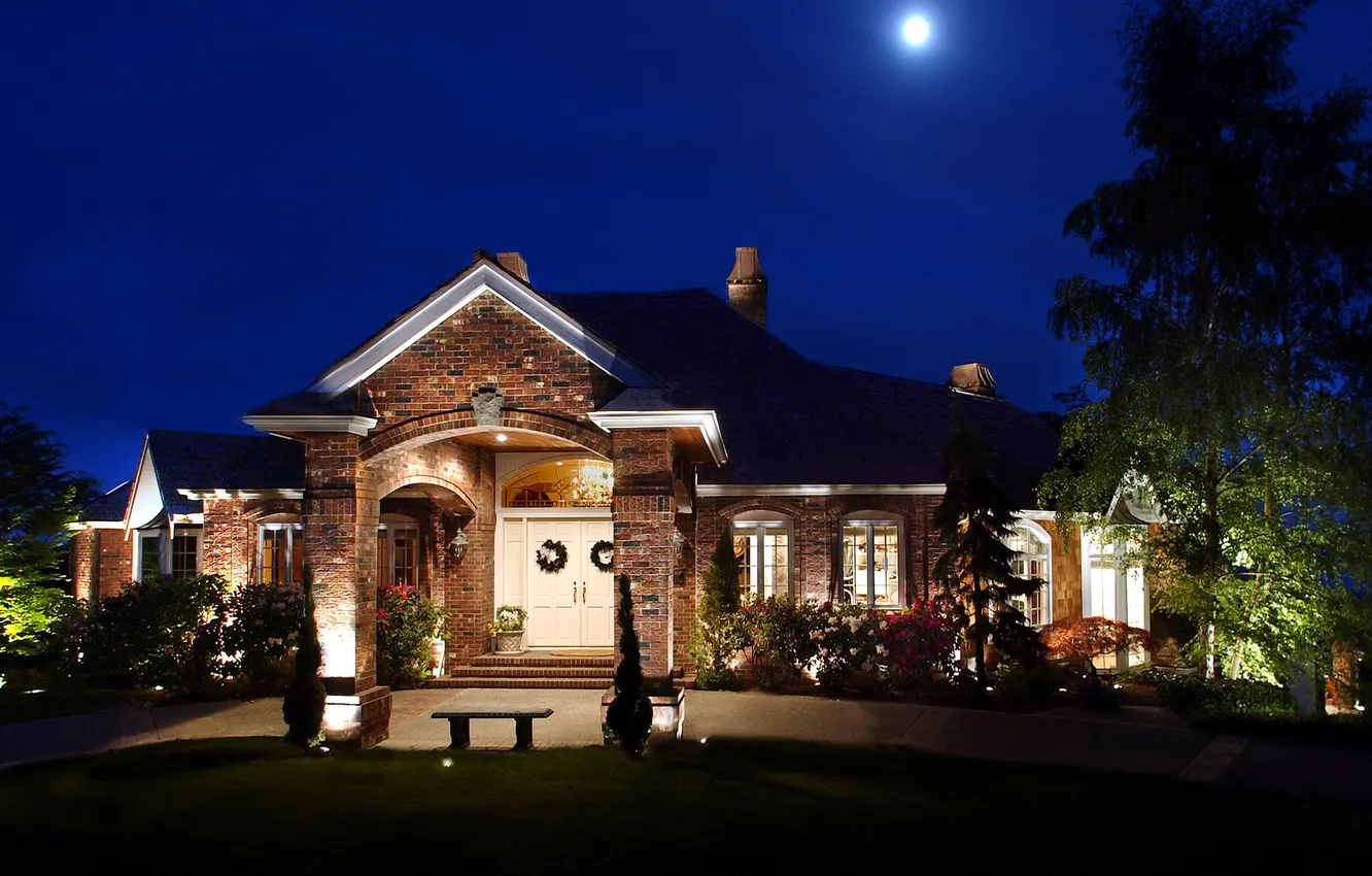 Photo wallpaper trees, flowers, night, lights, lawn, the moon, home, shop