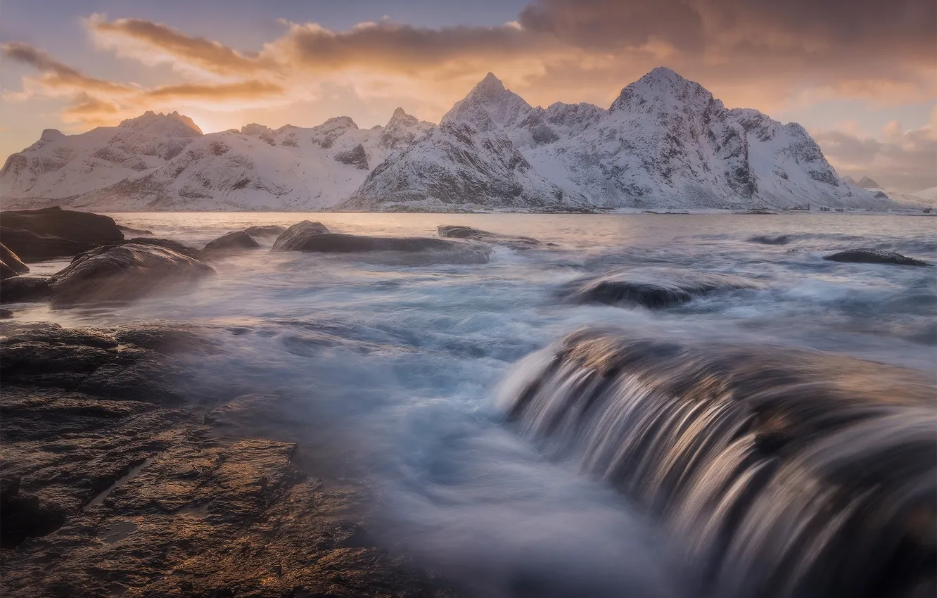 Photo wallpaper sea, the sky, snow, sunset, mountains, nature