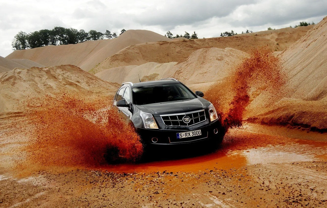 Photo wallpaper car, Cadillac, speed, sand, SUV, SRX, quarry