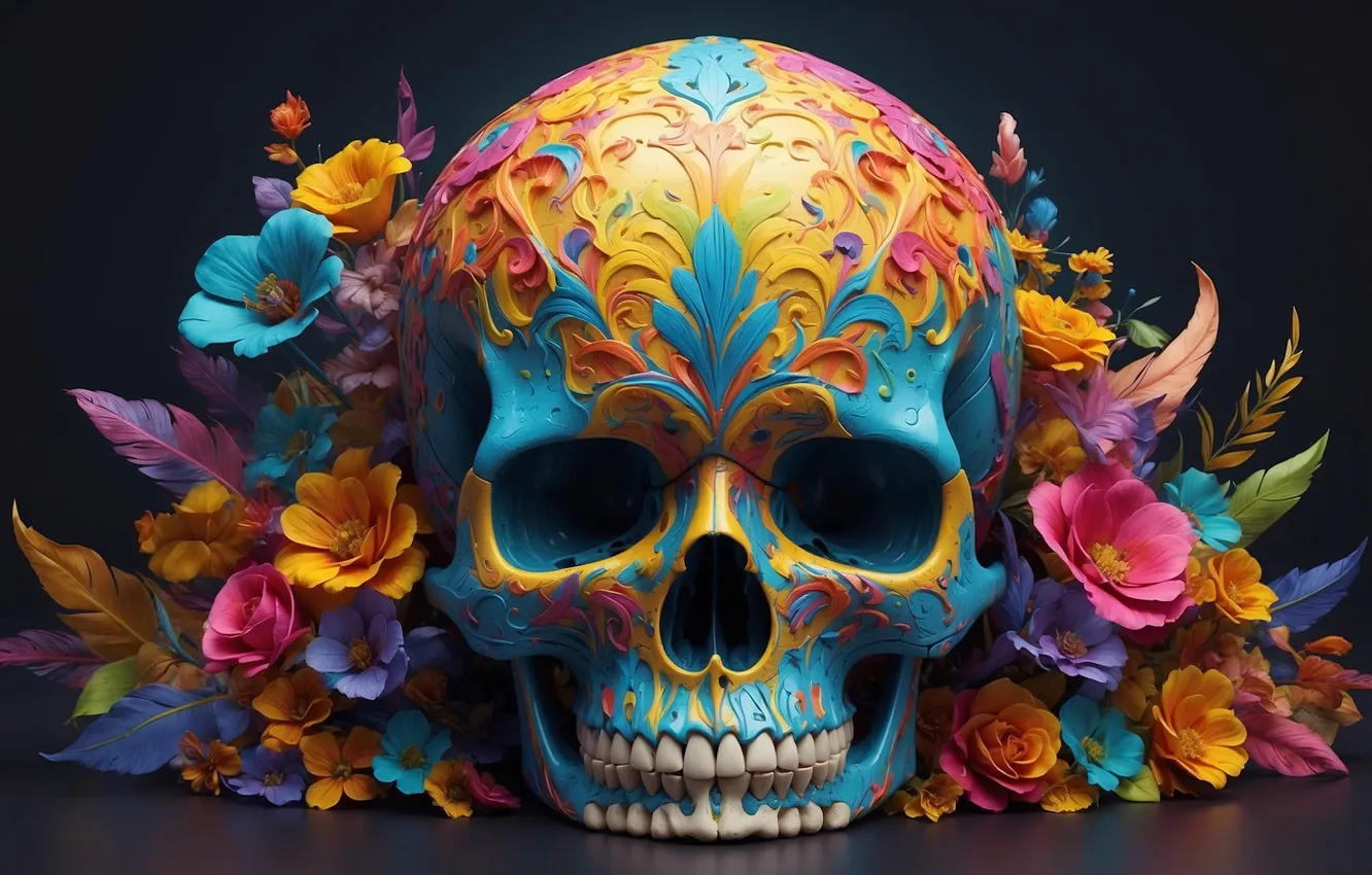 Photo wallpaper flowers, background, skull