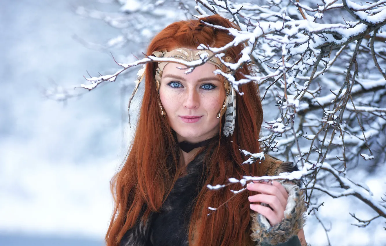 Photo wallpaper look, girl, snow, branches, face, hair, red, blue eyes