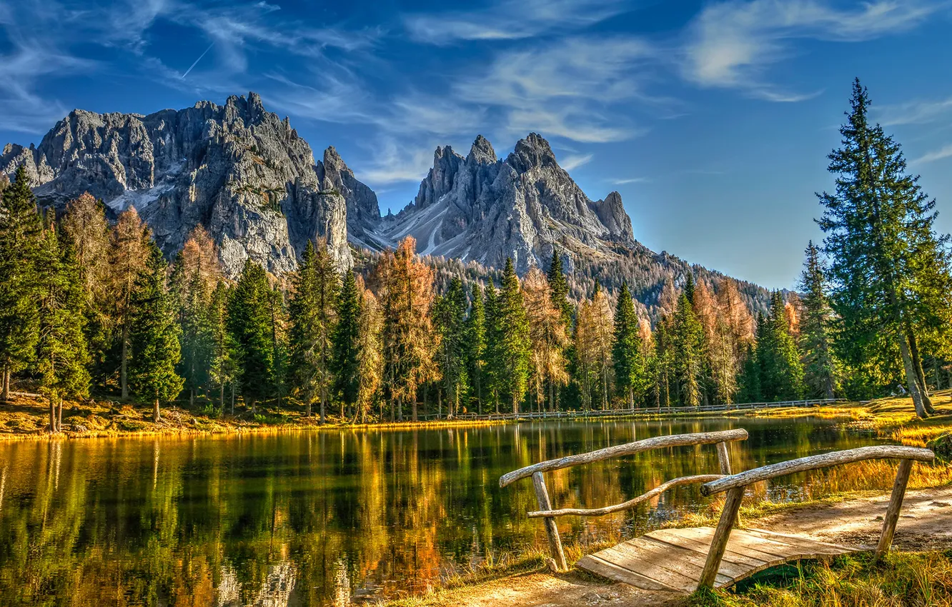 Photo wallpaper autumn, forest, trees, mountains, lake, HDR, Dolomites