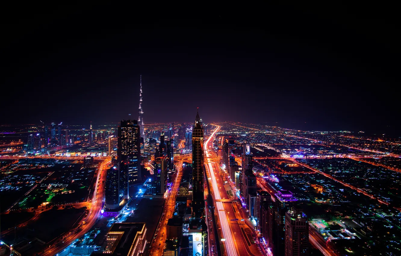 Photo wallpaper night, lights, home, panorama, Dubai, street, UAE