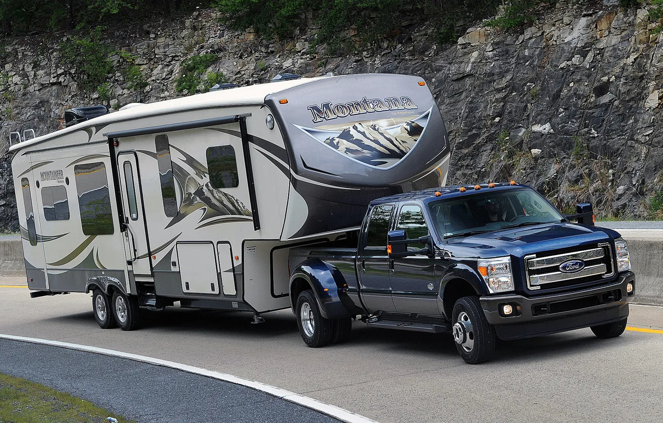 Photo wallpaper mountains, the rise, Ford-F-350-Super-Duty-King-Ranch-Crew-Cab-2015-192, the house on wheels.